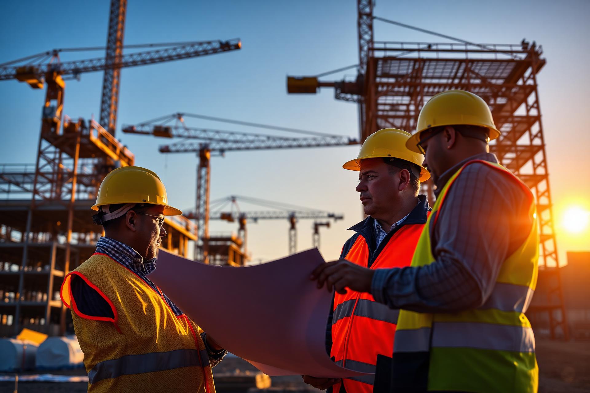 Construction team on a South African industrial site at sunset